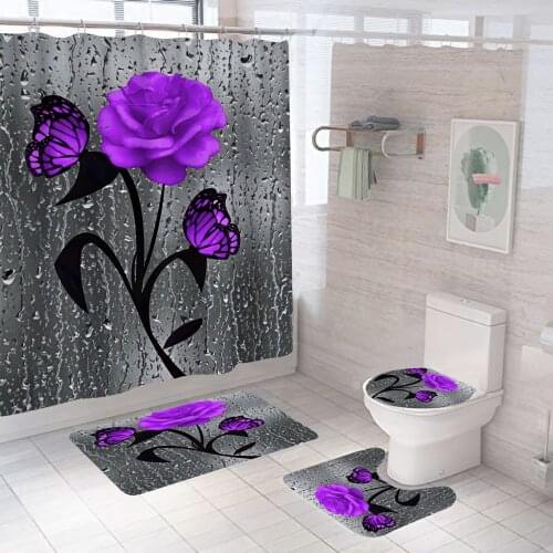 Colorful Rose Trees Shower Curtain Sets Non-Slip Rugs Toilet Lid Cover and Bath Mat Waterproof Bathroom Curtains Home Decoration