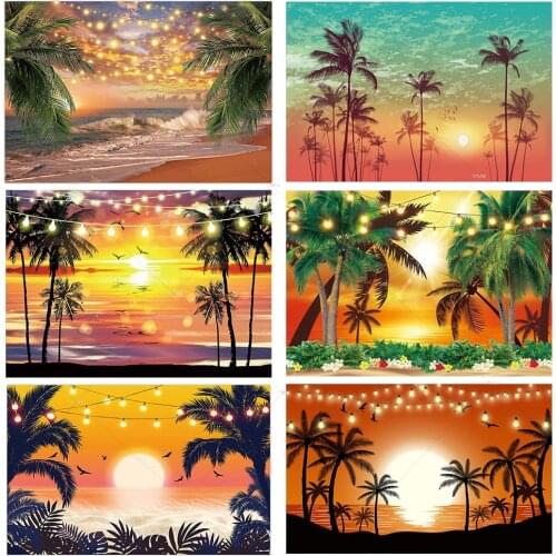 Sunset Beach Backdrop Summer Seaside Tropical Palm Tree Hawaii Holiday Background Wedding Aloha Luau Baby Shower Party Decor