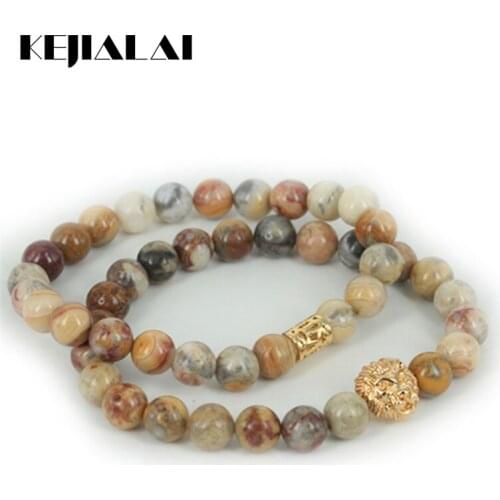 KEJIALAI 2pcs Natural Crazy Round Stone Beads Charm Women Fashion Bracelet Beaded Gold Lion Head Men Stretch Bracelet A0567