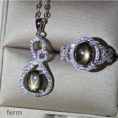 KJJEAXCMY exquisite jewelry 925 pure silver inlaid natural starry sapphire ladies jewelry set rings pendant 2 sets