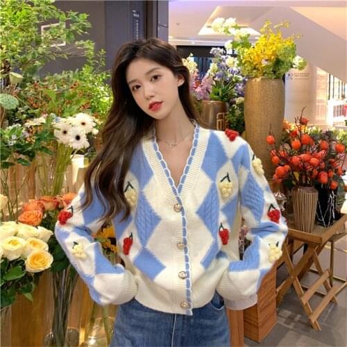 Korean Autumn Winter Sweet Girly Cardigan Vintage V-Neck Cute Full Sleeve Single-breasted Diamond Plaid Knitting Sweater Female