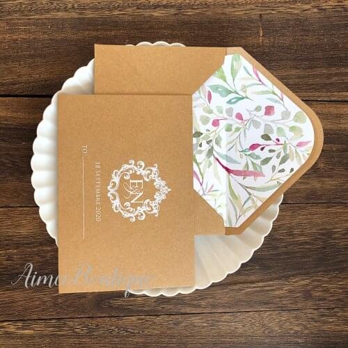 Brown craft custom envelope with different flower inner ,white color printing 50 pcs