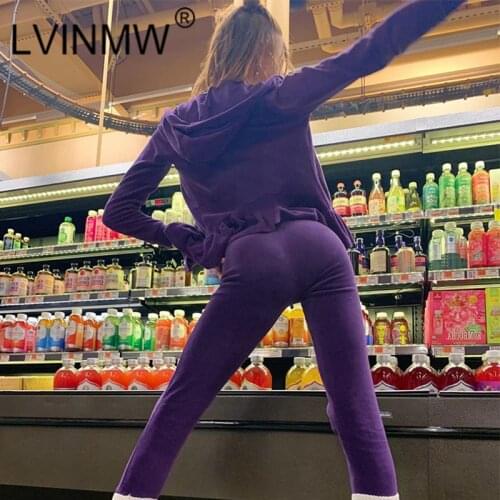 LVINMW Pants Sets Purple Slim Casual Soft Daily Women Suit Hooded Ruffles Zipper Fly Long Sleeve Coat Low Rise Hips Lifting Pant