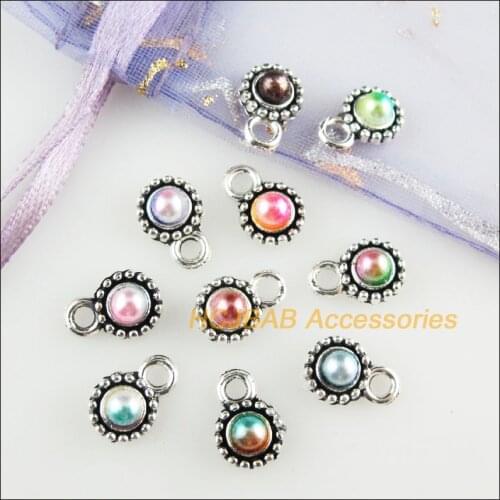 Fashion 40Pcs New Round Charms Mixed Acrylic Flower Pendants Tibetan Silver Tone 7.5x11.5mm