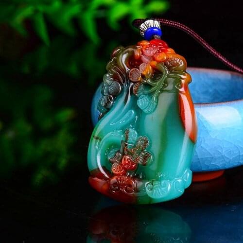 Natural Color Jade Hand Carved Vase Pendant Fashion Boutique Jewelry Mens and Womens Colorful Flower Rich Necklace