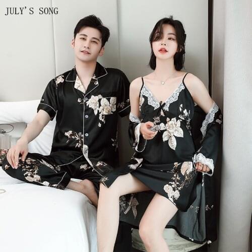 JULYS SONG 2PC Womens Pajamas Sets Faux Slik Female Sleepwear Casual Floral Printed Comfortable Homewear Men Nightwear Elegant