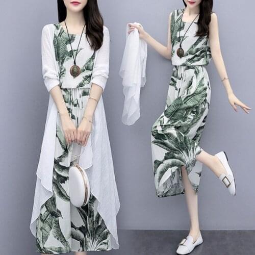 Cotton Linen Dress Suit Plus Size Vintage Sundress Loose National Style Printed Women Elegant Dress Two-piece Set Top Cut Dress