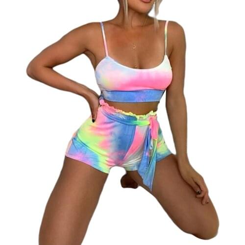 Sexy 2 Piece Set Women Tie-Dye Tube Cropeed Top And High Waist Short Pants Spaghetti Strap Crop Top And Shorts With Belt Set