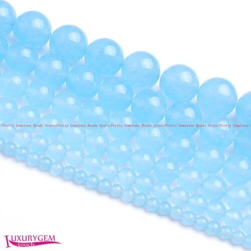 High Quality 4,6,8,10,12,14mm Smooth Natural Light Blue Jades Round Shape Gems Loose Beads Strand 15" Jewelry Making wj386