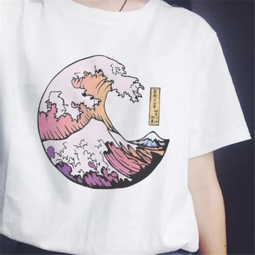 WVIOCE Aesthetic Views Print T-shirt for Women Vintage Tumblr Short Sleeve Pink Waves Shirts Korean Clothing Tee Shirt Femme Top