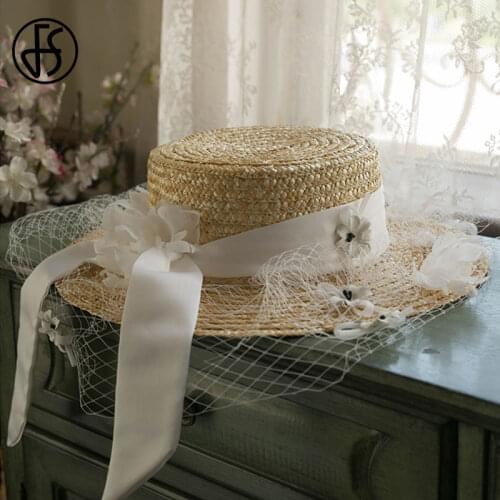 FS Wide Brim Flat Top Straw Hat Sun Hats Beach Women Summer Hat With Flower Bowknot Veil UV Protect Travel Lady Cap Female