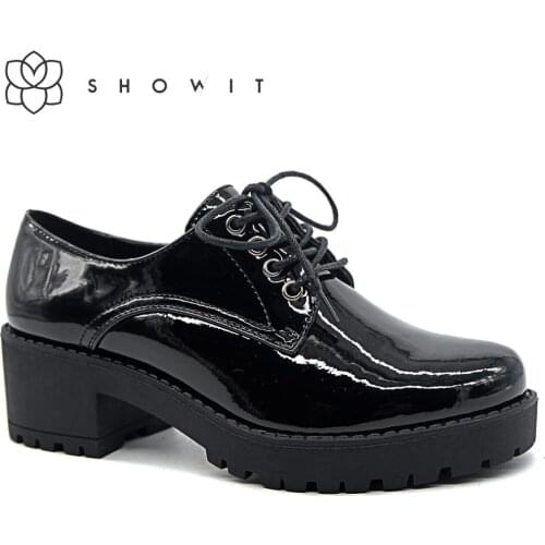 Female corporate shoes 2020 Black Patent Women Platform Shoes Oxford Lace Up ladies offices Shoes Middle Heels Flat Shoes winter