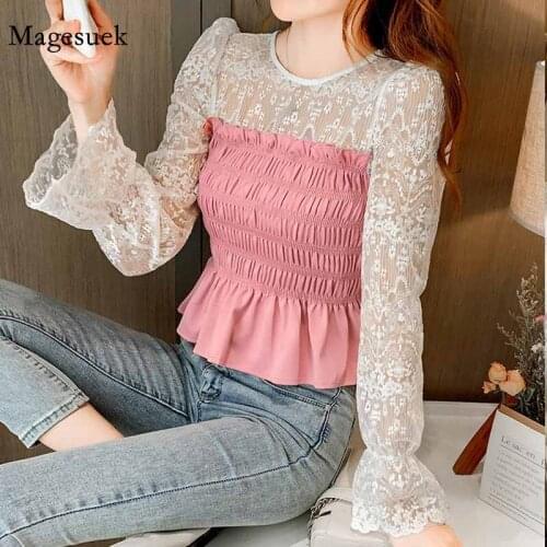 Women 2021 Autumn Slimming Waist Ruffled Tops Pullover O-neck Pleated Shirts Sweet Lace Stitching Puff Long Sleeve Blouses 11908