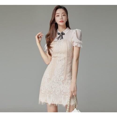2021 Korean Style Women Slim Temperament Bow A-Line Mini Dress Elegant Office Lady Lace Chiffon Puff Sleeve High Waist Dress