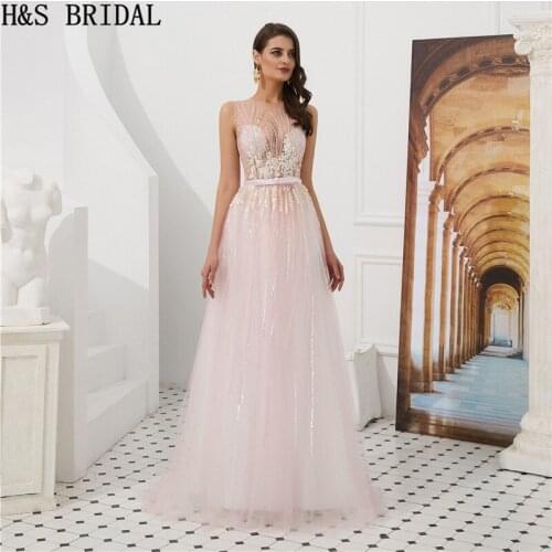 H&S BRIDAL Pink Prom Dresses Sheer Beading Long Women Party Evening Dress 2020 Fashion Dresses