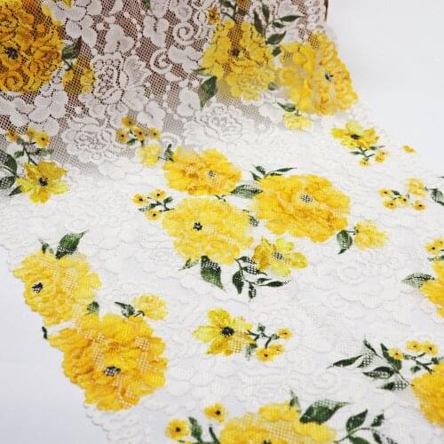 2Yards 28CM Wide Yellow PeonyFloral Printed Stretch Elastic Lace Trim White For Bra Lingerie Sewing Clothes Underwear Fabric DIY