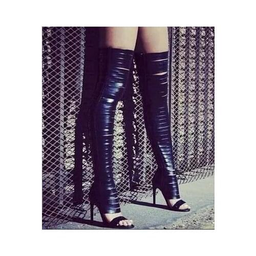 2017 Hot Selling Sexy Women Fashion Black Gold Peep Toe Over Knee Long Knight Boots Big Size Gladiator Thigh High Boots 35-42