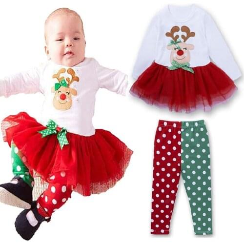 2018 Christmas Baby Girls Clothes Suits Girl Tutu Dress Polka Dot Trouser 2-Pieces Clothing Sets Children Reindeer Blouse Pants