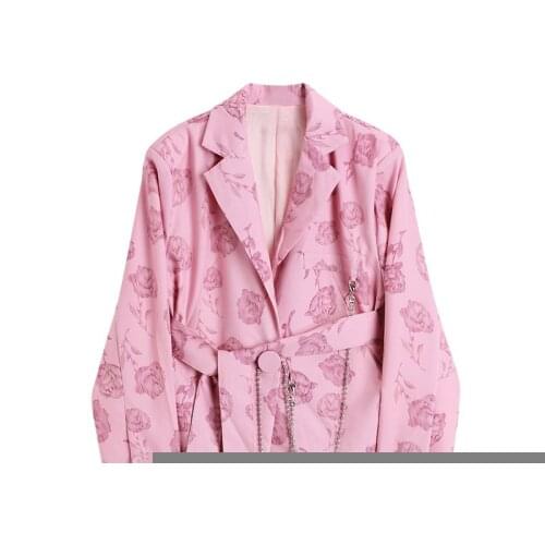 2021 Chic Loose Pink Women Blazer Spring Autumn Single Button Female Office Suit Jacket Full Sleeve Floral Print Outwear Sashes
