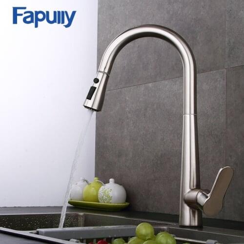 Fapully Pull Out Kitchen Faucet Dual Sprayer Sink Mixer Faucet Brushed Nickle Kitchen Mixer Tap