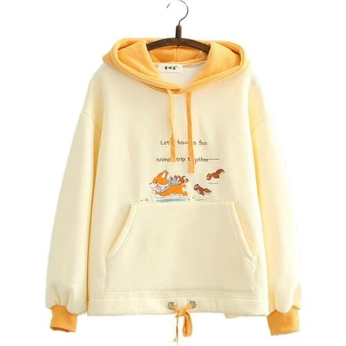 Fleece Hooded Sweatshirt 2020 Winter Cartoon Dog Embroidery Hoodies Women Casual Long Sleeve Pullover Loose Tracksuit Female