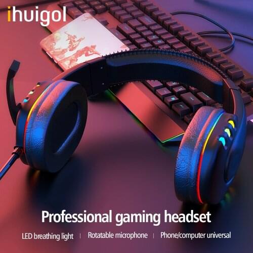 Ihuigol Gamer Headphones With Microphone Gaming Headset Led Light for Computer PS4 PS5 Bass Stereo Phone Laptop Wired Headphone