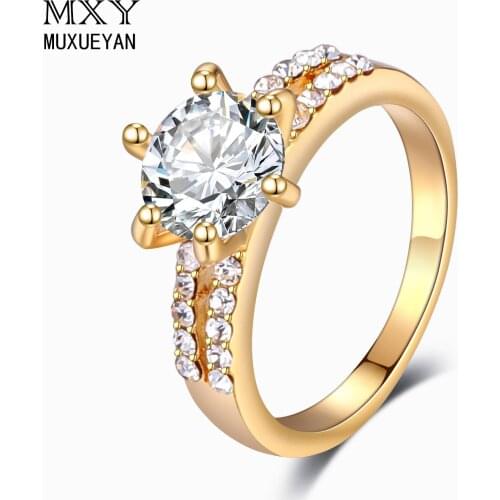 Classic Round Luxury Crystal Rings For Women Light Yellow Gold Color Wedding Zinc Alloy Jewelry 2021 Trendy Newest MUXUEYAN