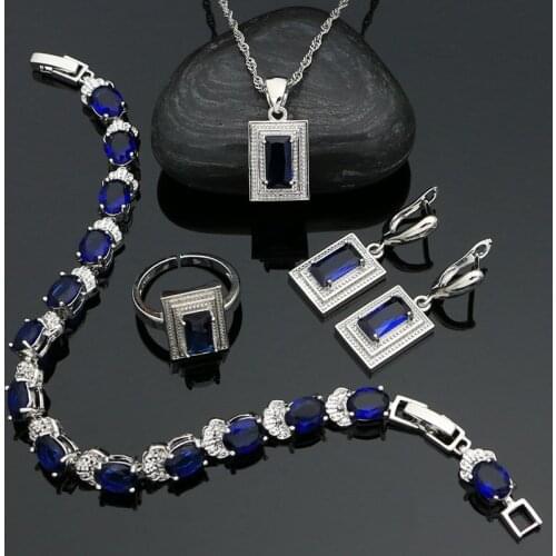 925 Sterling Silver Jewelry Set Square Sapphire Open Ring Earrings Pendant Chain Bracelet Classic Silver Accessories for Women