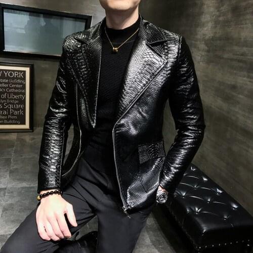 Snake Leather Casual Jacket Coat Men Autumn Design Biker Solid Color PU Leather Jackets Men British Style Men Motorcycle Vintage
