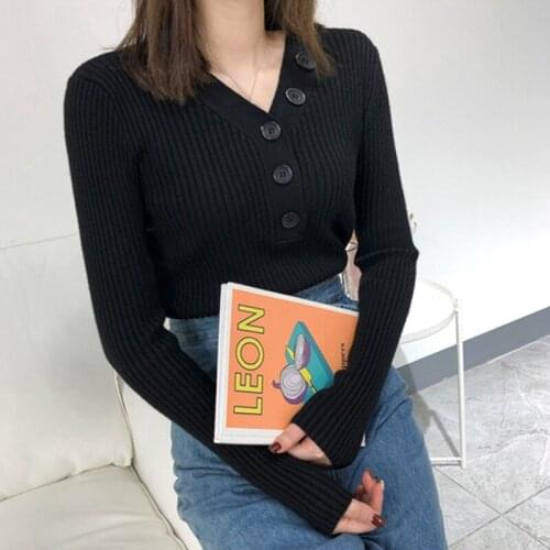 Hot Women Fashion Casual V-Neck Button Sweaters Solid Winter Wear Long Sleeve Single Breasted Slim Fit Shirts