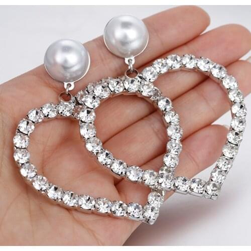 Lifefontier Luxury Shining Rhinestone Love Heart Pendant Earrings Big Heart Imitation Pearl Drop Earrings Women Wedding Jewelry