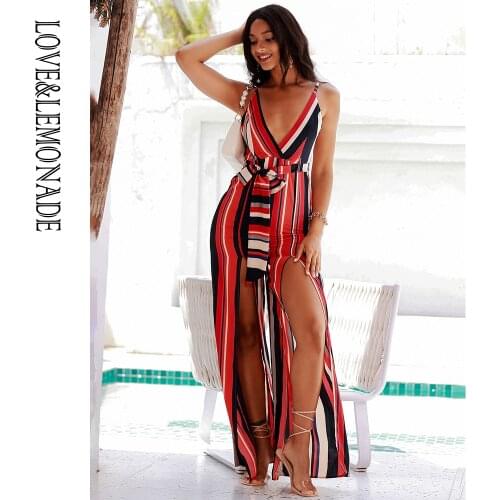 LOVE&LEMONADE Sexy Multicolor Stripes V-Neck Sling Mid-Waist Split Beach Jumpsuit LM81419A