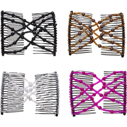 Lovef 4Pcs Professional Hair Comb Ladies Magic Beads Elasticity Double Bead String Clamp Stretchy Accessories Valentines Day