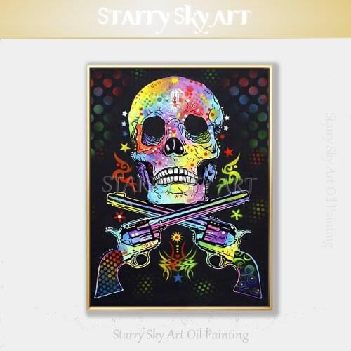 New Arrivals Hand-painted High Quality Modern Fine Art Skull and Gun Oil Painting on Canvas Pop Art Oil Painting for Decoration