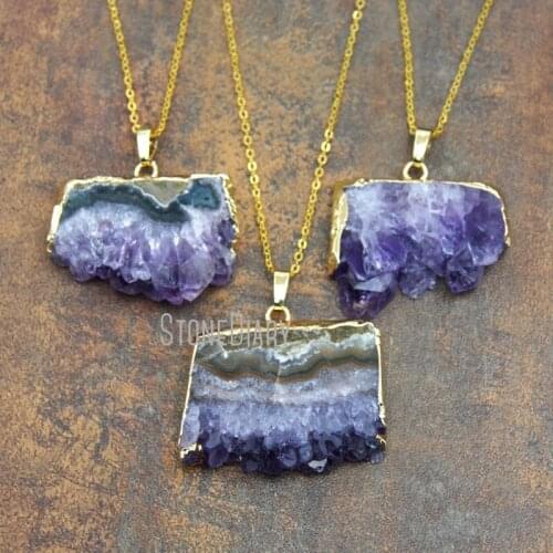 Amethysts Druzy Slice Pendant Necklace with Gold Chain Pendant Necklace for Women 40mm-50mm Long NM24915