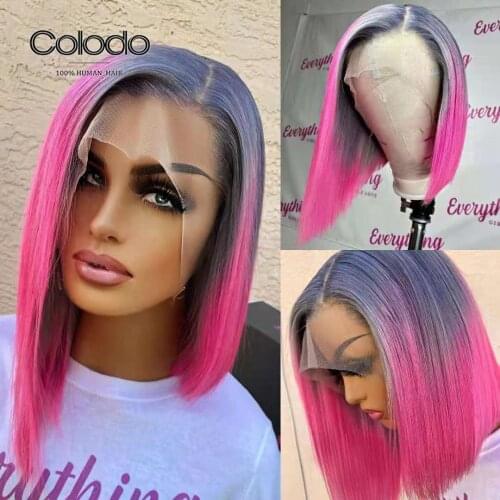 Grey Pink Blue Ombre Bob Wig Lace Front Human Hair Wigs For Women Peruvian Lace Front Wig Virgin Bob Wig Short Bob Wig For Women