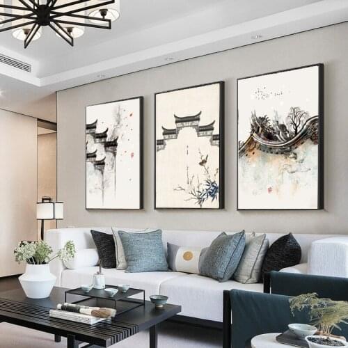 Chinese Style Posters And Prints Classical Ancient Building Poster Red Sun Canvas Painting Wall Art Pictures For Living Room