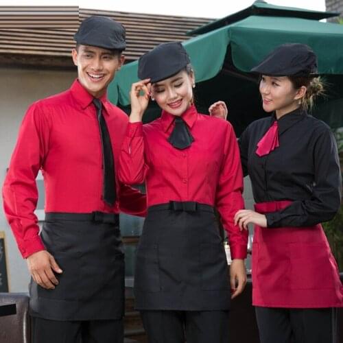 Fast Food Waiter Work Uniform Women Hotel Adjusted Sleeve Shirt+Apron+Tie Set Spring/Autumn Coffee Shop Work Wear Wholesale