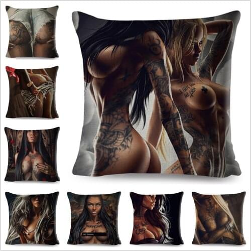 Super Sexy Lady Pillow Case Decor Dark Goth Tattoo Beautiful Girl Cushion Cover for Sofa Car Bedroom Polyester Pillowcase