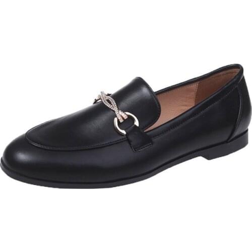 Womens Leather Shoes Spring and Summer New Style British Style One-step Loafers Rhinestone Soft Leather Flat Work Shoes