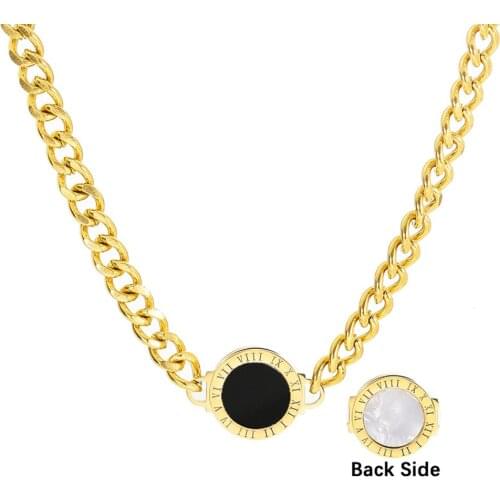 FIREBROS 2021 Women Stainless Steel Chunky Cuban Chain Roman Number Choker Necklace Jewelry Black White Shell 18" Gold Color