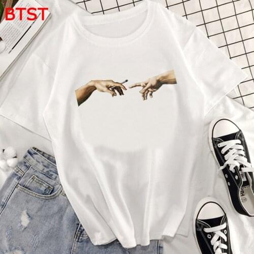 Women Clothes 2019 Joint Pass The Creation of Adam Print Harajuku T Shirt Women Aesthetic Clothes Women O-Neck 100% Cotton Tops