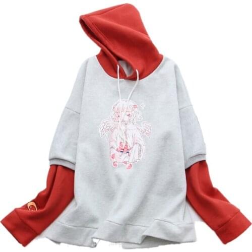 Women Hooded Sweatshirt Gray Red Patchwork Cartoon Angel Print Hoodies 2020 Autumn Long Sleeve Cotton Pullover Casual Tracksuits