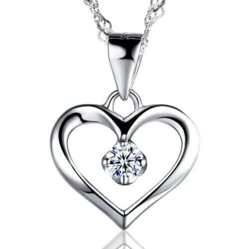 Trendy Elegant Simple Cubic Zirconia Hollow 925 Sterling Silver Heart Necklace for Women Girl Best Gift