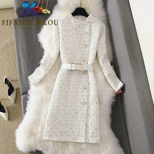 Autumn Women Tweed Dress Jacket Single Breasted Fashion High Waist O-Neck Midi Long Dress Ladies Elegant Long Sleeve Party Dress