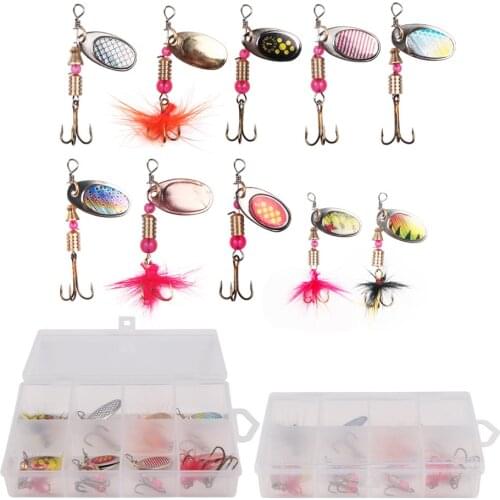 10pcs/lot metal Rotating sequins Spinner Spoon Lures with treble Hooks for Bass Trout Perch pike fishing lure free with box