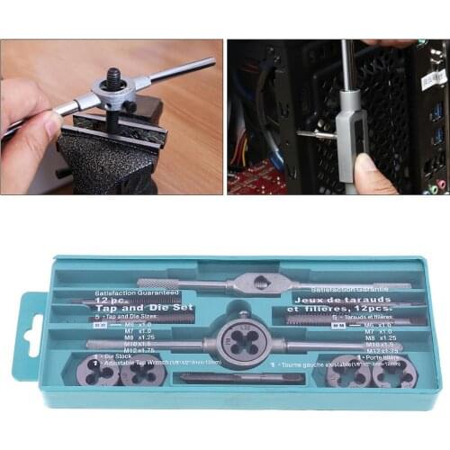 12pcs/set Multifunction NC Screw Tap & Die Set External Thread Cutting Tapping Hand Tool Kit with M6 M7 M8 M10 M12 Taps