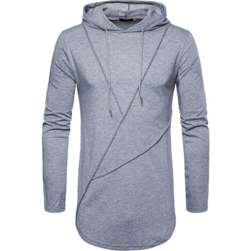 2018 Men Hooded Summer Long sleeve T shirt Extended Casual Curved hem for Mens Streetwear Drawstring Hip Hop Cotton T shirts