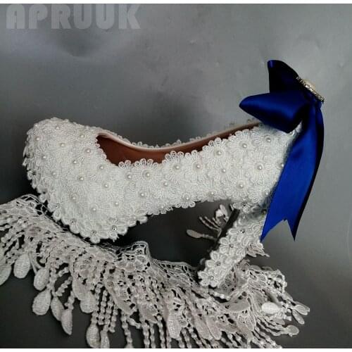 2020 new lace wedding-shoes super high quality block 11CM heels platforms white ivory pearls royal blue satin bow bridal pumps