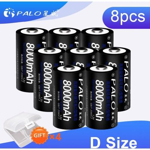 PALO 8pcs 8000mAh 1.2v D Size Rechargeable Battery High Capacity type D battery For Flashlight Toys Radio Refrigerator